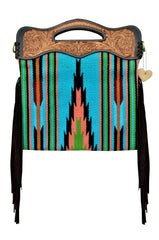 Saddle Blanket Western Style Bag with Fringes,  Tooled Strap and Tooled Handle Panels 20AB001