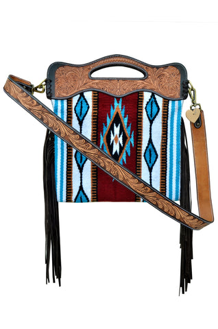 Saddle Blanket Western Style Bag with Fringes,  Tooled Strap and Tooled Handle Panels 20AB007