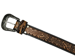 Genuine Leather Western Hand Tooled and Hand Painted Floral Belt with Removable Buckle 30HQ002