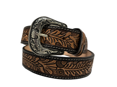 Genuine Leather Western Hand Tooled and Hand Painted Floral Belt with Removable Buckle 30HQ002