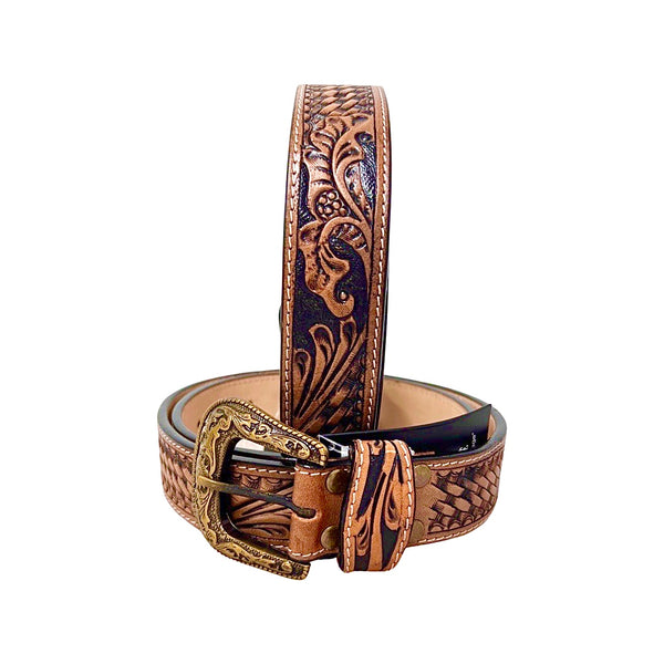 Genuine Leather Western Hand Tooled and Hand Painted Floral Belt with Removable Buckle 30HQ003