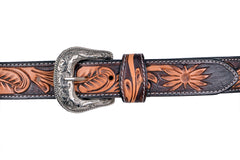 Western Style Hand Tooled and Hand Painted Floral Genuine Leather Belt with Removable Buckle 30HQ004