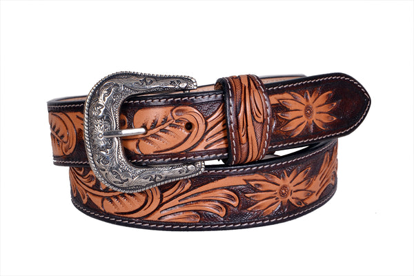 Western Style Hand Tooled and Hand Painted Floral Genuine Leather Belt with Removable Buckle 30HQ004