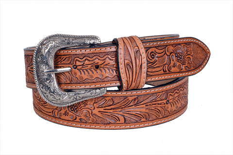 Western Style Hand Tooled and Hand Painted Floral Genuine Leather Belt with Removable Buckle 30HQ007